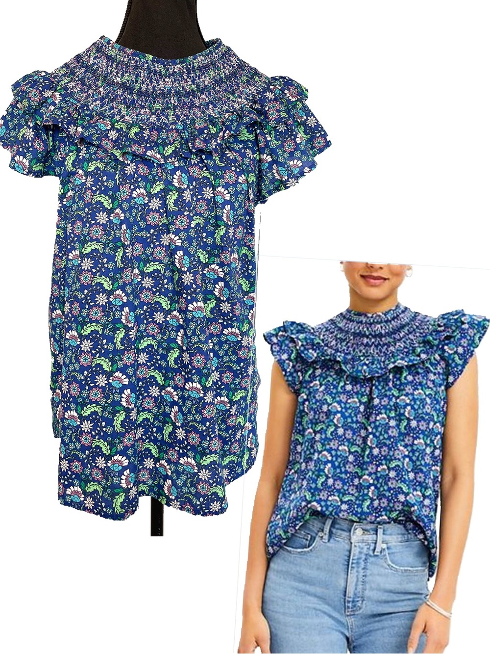 LOFT Blue Garden Floral Cotton Blouse Smock Ruffle Neck Flutter Cap Sleeve Large